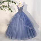 Charming Beaded Tulle Ball Gowns Sweet 16 Gowns, Blue Long Prom Dresses