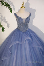 Charming Beaded Tulle Ball Gowns Sweet 16 Gowns, Blue Long Prom Dresses