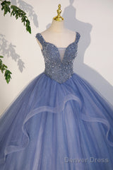 Charming Beaded Tulle Ball Gown Sweet 16 Gown, Blue Long Formal Dresses