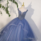 Charming Beaded Tulle Ball Gowns Sweet 16 Gowns, Blue Long Prom Dresses