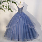 Charming Beaded Tulle Ball Gowns Sweet 16 Gowns, Blue Long Prom Dresses