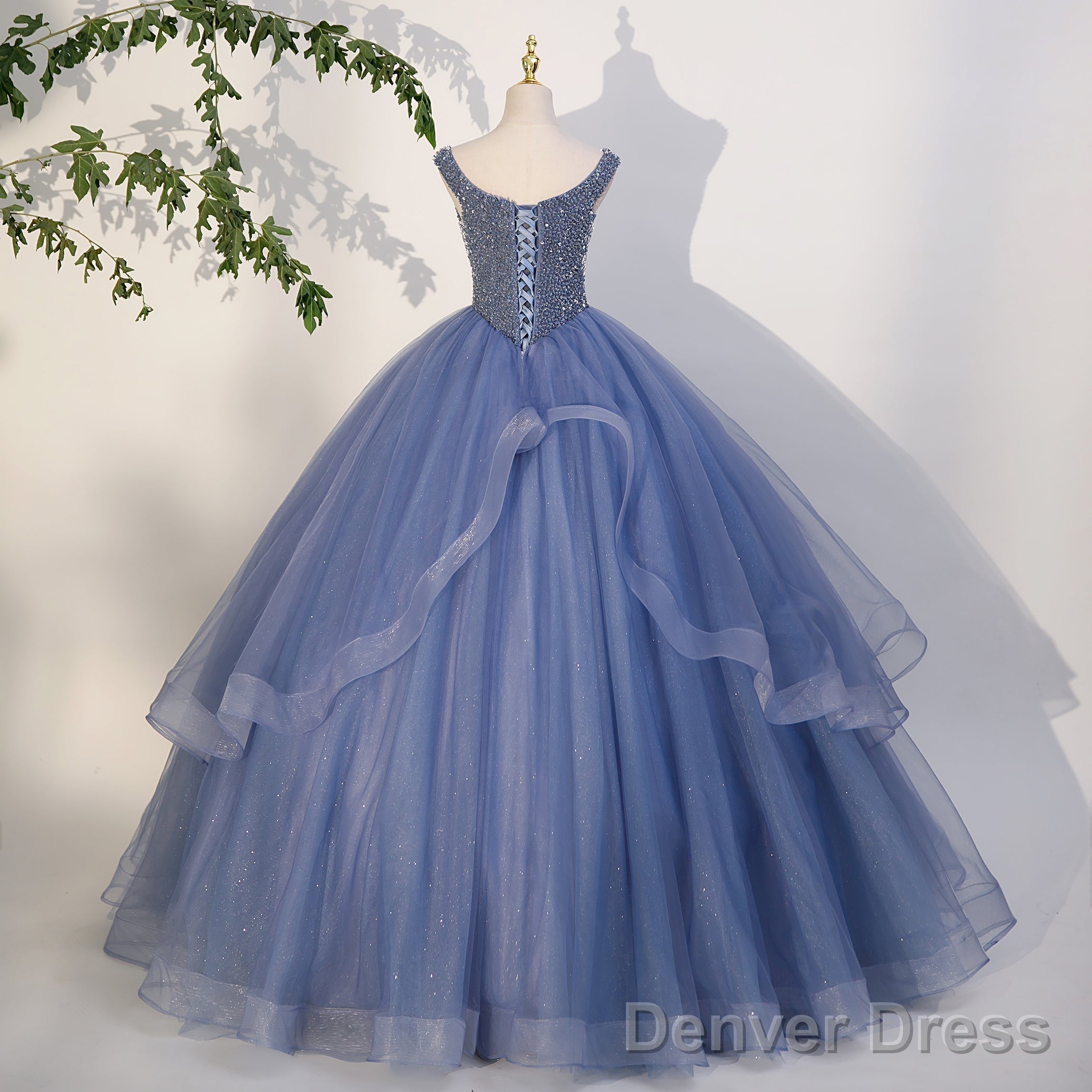 Charming Beaded Tulle Ball Gowns Sweet 16 Gowns, Blue Long Prom Dresses