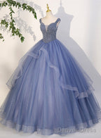 Charming Beaded Tulle Ball Gowns Sweet 16 Gowns, Blue Long Prom Dresses