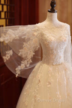 Charming Beautiful Ivory Tulle With Flowers Long Wedding Prom Dress, Tulle Simple Wedding Dress Prom Dress