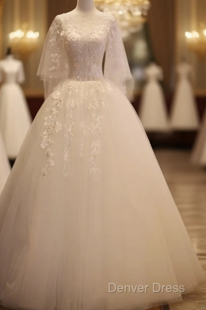 Charming Beautiful Ivory Tulle With Flowers Long Wedding Prom Dress, Tulle Simple Wedding Dress Prom Dress Main image