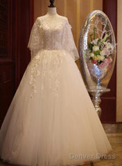 Charming Beautiful Ivory Tulle With Flowers Long Wedding Party Dress, Tulle Simple Wedding Dress Prom Dress Party Dress
