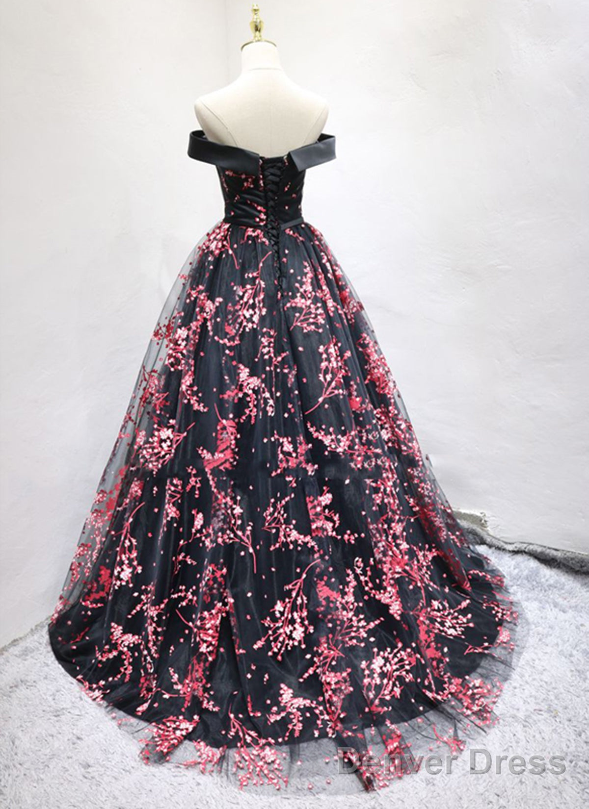 Charming Black Floral Tulle A-Line Party Dress, Prom Dress
