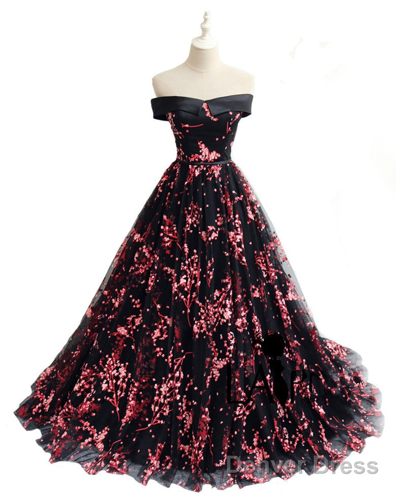 Charming Black Floral Tulle A-Line Party Dress, Prom Dress Main image