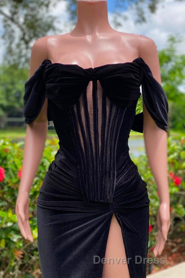 Charming Black Long Mermaid Off the Shoulder Velvet Prom Dresses with Slit Secondary image