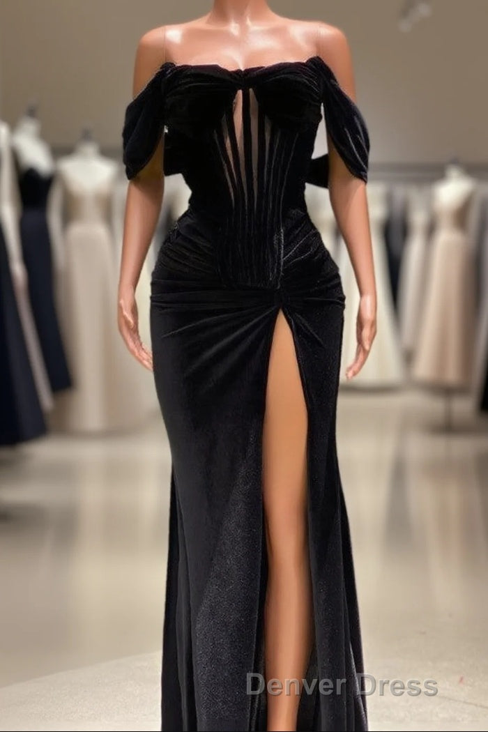 Charming Black Long Mermaid Off the Shoulder Velvet Prom Dresses with Slit