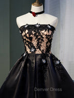 Charming Black Satin with Lace Applique Homecoming Dresses, Knee Length Prom Dresses