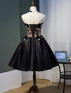Charming Black Satin with Lace Applique Homecoming Dress, Knee Length Prom Dresses