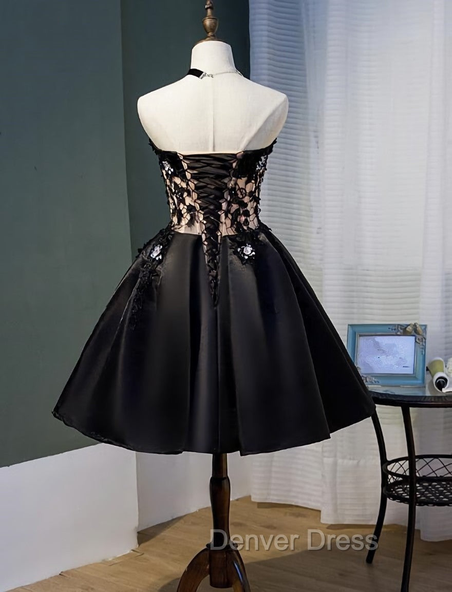 Charming Black Satin with Lace Applique Homecoming Dress, Knee Length Prom Dresses