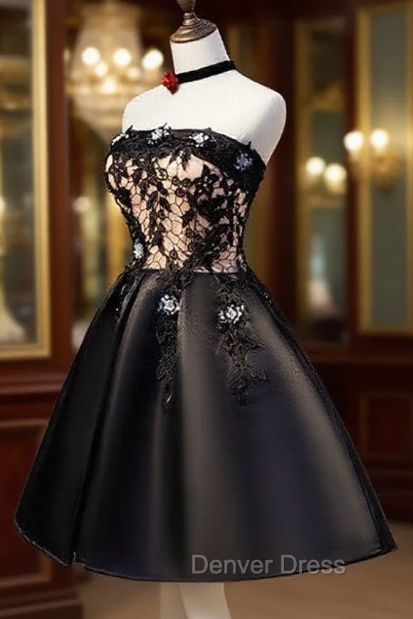 Charming Black Satin with Lace Applique Homecoming Dress, Knee Length Prom Dresses Main image