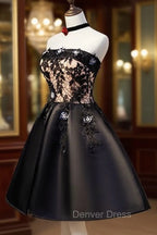 Charming Black Satin with Lace Applique Homecoming Dress, Knee Length Prom Dresses