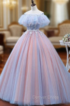 Charming Blue and Pink Tulle Off Shoulder Sweet 16 Dresses with Lace, Ball Gown Formal Dresses