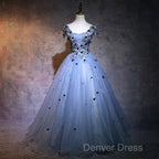 Charming Blue Ball Gowns Lace Long Prom Dress, Blue Tulle Sweet 16 Dresses With Flowers