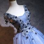 Charming Blue Ball Gowns Lace Long Prom Dress, Blue Tulle Sweet 16 Dresses With Flowers