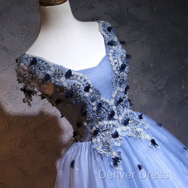Charming Blue Ball Gowns Lace Long Prom Dress, Blue Tulle Sweet 16 Dresses With Flowers