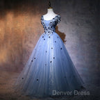 Charming Blue Ball Gowns Lace Long Prom Dress, Blue Tulle Sweet 16 Dresses With Flowers