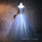 Charming Blue Ball Gowns Lace Long Prom Dress, Blue Tulle Sweet 16 Dresses With Flowers