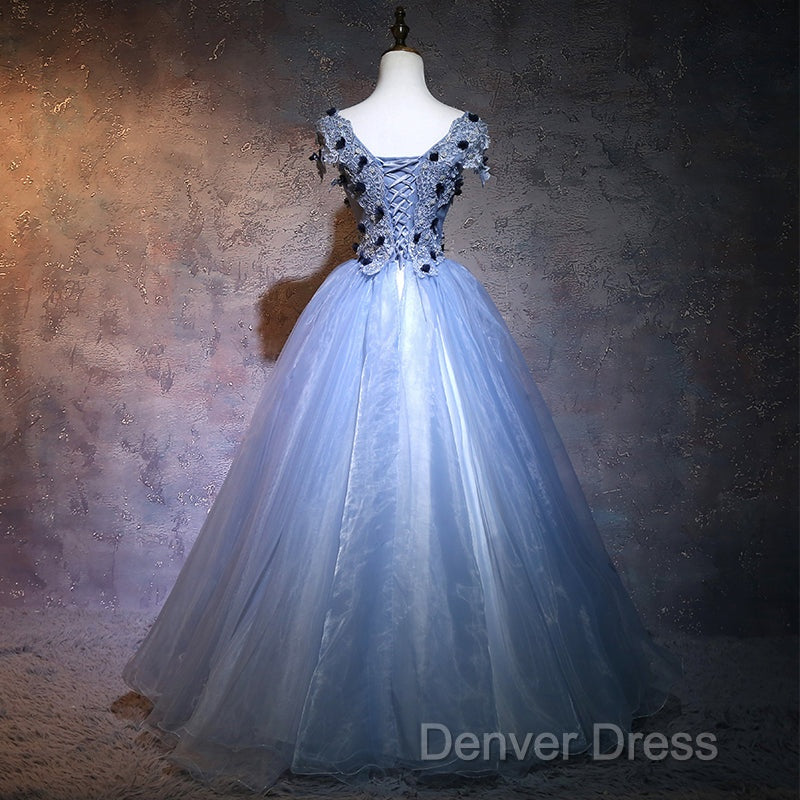 Charming Blue Ball Gowns Lace Long Prom Dress, Blue Tulle Sweet 16 Dresses With Flowers