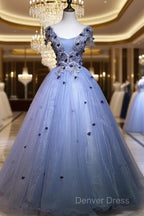 Charming Blue Ball Gowns Lace Long Prom Dress, Blue Tulle Sweet 16 Dresses With Flowers