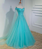 Charming Blue Beaded Sweetheart Tulle Long Prom Gowns, Quinceanera Dresses