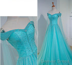 Charming Blue Beaded Sweetheart Tulle Long Prom Gowns, Quinceanera Dresses