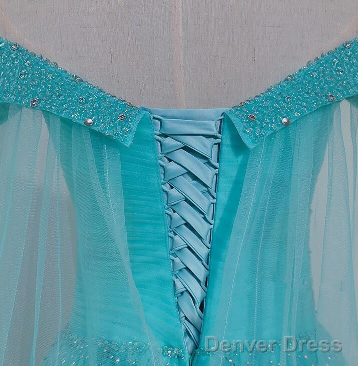Charming Blue Beaded Sweetheart Tulle Long Prom Gowns, Quinceanera Dresses