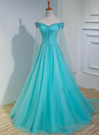Charming Blue Beaded Sweetheart Tulle Long Prom Gowns, Quinceanera Dresses