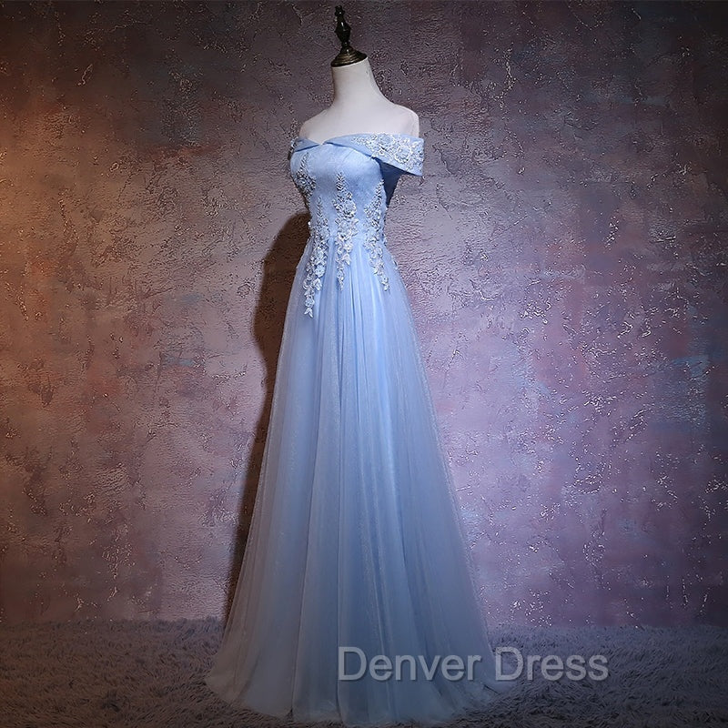 Charming Blue Elegant Tulle Party Dresses with Lace Applique, Long Prom Dresses Secondary image
