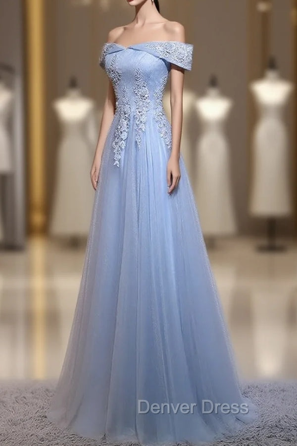 Charming Blue Elegant Tulle Party Dresses with Lace Applique, Long Prom Dresses