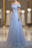 Charming Blue Elegant Tulle Party Dresses with Lace Applique, Long Prom Dresses