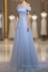 Charming Blue Elegant Tulle Party Dresses with Lace Applique, Long Prom Dresses