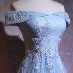 Charming Blue Elegant Tulle Party Dresses with Lace Applique, Long Prom Dresses