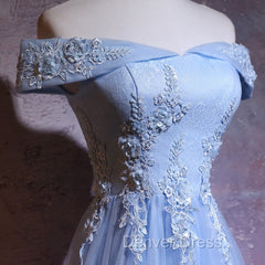 Charming Blue Elegant Tulle Party Dresses with Lace Applique, Long Prom Dresses