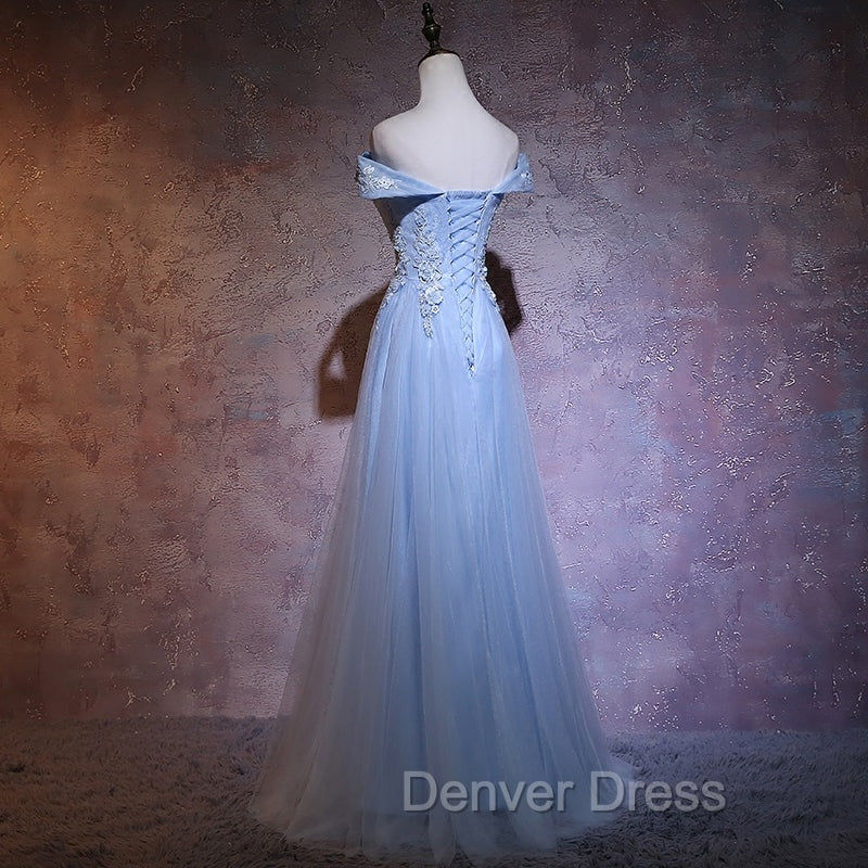 Charming Blue Elegant Tulle Party Dresses with Lace Applique, Long Prom Dresses
