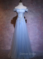 Charming Blue Elegant Tulle Party Dresses with Lace Applique, Long Prom Dresses