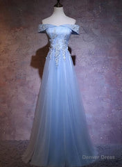Charming Blue Elegant Tulle Party Dress with Lace Applique, Long Prom Dress