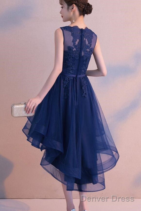 Charming Blue High Low Round Neckline Stylish Prom Dress, Cute Prom Dresses Secondary image