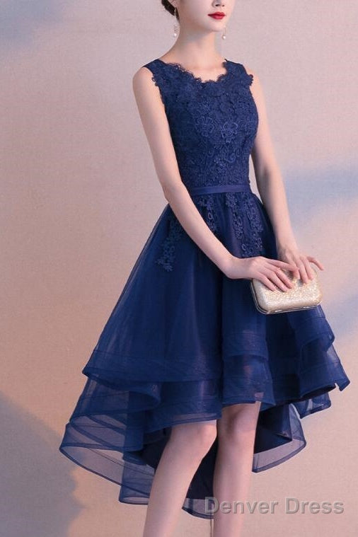Charming Blue High Low Round Neckline Stylish Prom Dress, Cute Prom Dresses