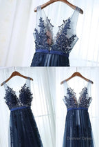 Charming Blue Lace Applique Prom Dress, A Line Blue Bridesmaid Dresses