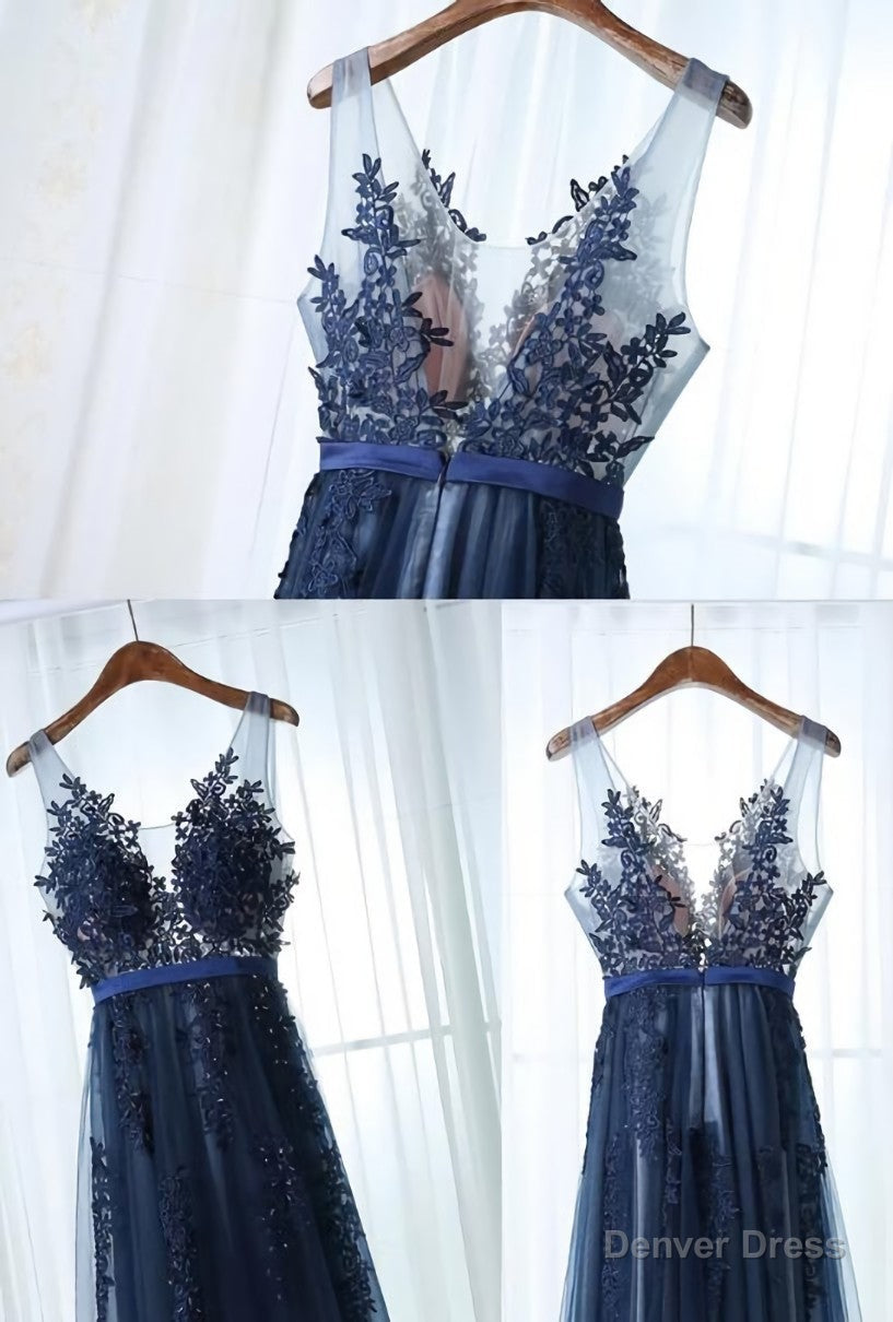 Charming Blue Lace Applique Prom Dress, A Line Blue Bridesmaid Dresses