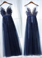Charming Blue Lace Applique Prom Dress, A Line Blue Bridesmaid Dresses