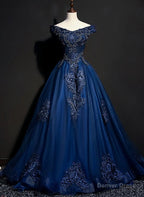 Charming Blue Off the Shoulder Long Sweet 16 Dresses, Handmade Prom Gowns