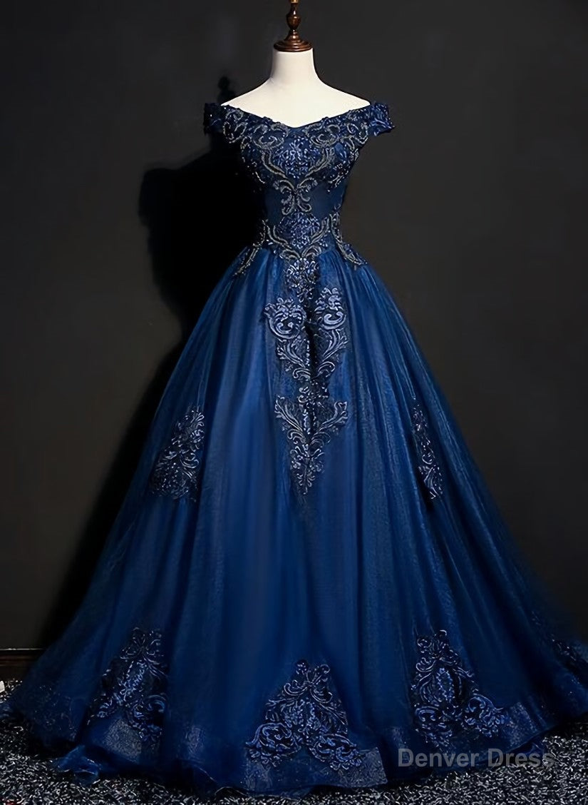 Charming Blue Off the Shoulder Long Sweet 16 Dresses, Handmade Prom Gowns