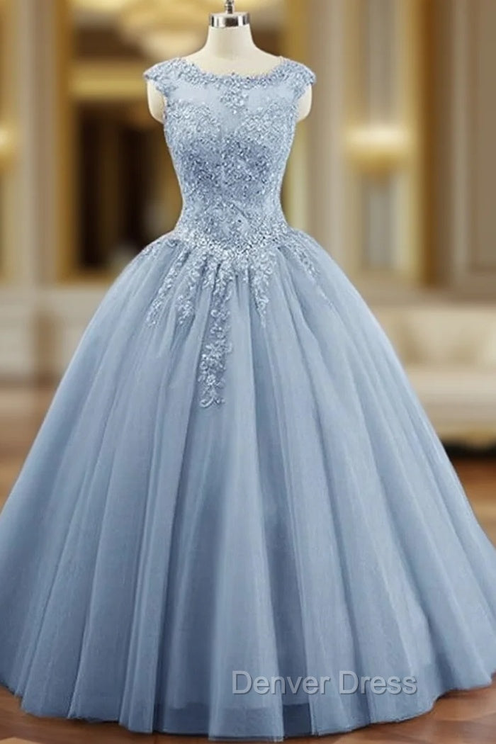 Charming Blue Tulle Long Ball Gowns Sweet 16 Dresses with Lace, Prom Gowns Main image