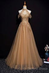 Charming Champagne Tulle Halter Long Party Gown, Prom Dress