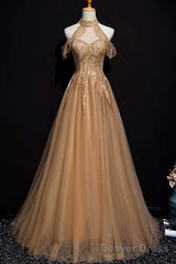 Charming Champagne Tulle Halter Long Party Gown, Prom Dress